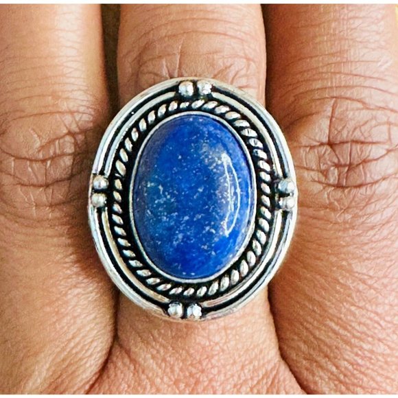 Lapis Lazuli Real Gemstone Ring 1 Inch Embellished Setting Ring Size 8 - Picture 7 of 8